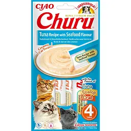 Ласощі для котів INABA Churu, вершковий мус у стіках з тунцем та морепродуктами, 4×14 г