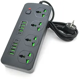 Мережевий фільтр Т25, 4 розетки + 8 USB + 2 PD, 2 м, перетин 3х0, 75мм, 3000W, Black, Box