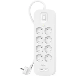 Підовжувач-фільтр Belkin мережевий 8хТип F, 3x1.5 мм кв, 16 А, USB-A/USB-C 18 Вт, з захистом від перенапруги, 2 м, білий - мініатюра 2