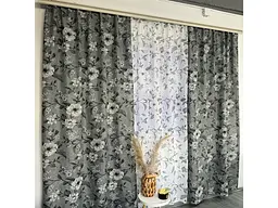 Льняні штори сірого кольору з квітами 150х270 з тюлистом батистовим 400х270 на тасьме ALBO pbe0052611 - мініатюра 5