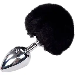 Металева анальна пробка Кролячий хвостик Alive Fluffy Plug L Black діаметр 3.9 см