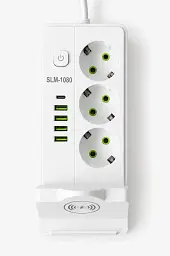 Мережевий фільтр SLM-1080 7 м 2500W з 3 розетками, 4 USB, USB-C та бездротовою зарядкою, білий - мініатюра 2