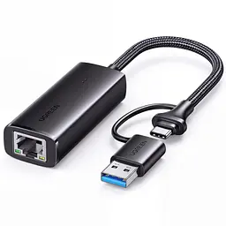 Мережевий адаптер Ethernet UGREEN CM650 USB-A та USB-C 2-в-1 для підключення до мережі через RJ45 Гігабітна мережа до 1000 Мбіт/с Для максимальної гігабітної швидкості потрібен порт USB 3.0 чорний (15638)