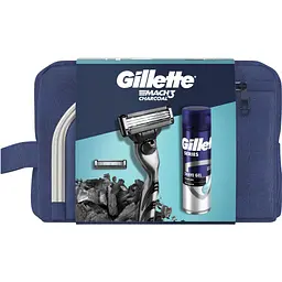 Подарунковий набір: Станок для гоління чоловічий Gillette Mach3 Charcoal з 2 змінними картриджами + Гель для гоління Gillette Series Очищаючий з вугіллям 200 мл + Косметичка - мініатюра 2
