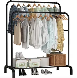 Подвійна стійка вішалка для одягу та взуття Loft Rack підлогова сталева з полицею Black - мініатюра 2