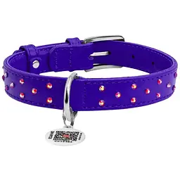 Нашийник для собак Waudog Glamour, шкіряний, зі стразами, з QR паспортом, XL, 38-49х2 см, фіолетовий
