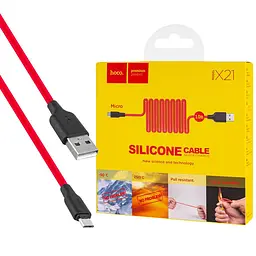 Кабель HOCO X21 USB to Micro 2A, 1m, silicone, TPE connectors, Чорний+Червоний