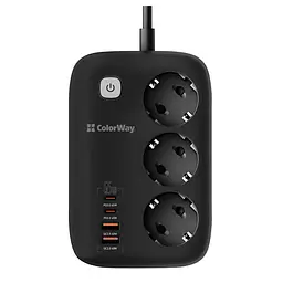 Мережевий фільтр-подовжувач ColorWay CHE34-PD GaN3 Pro PD 65 Вт (2xUSB-A + 2xTYPE-C) 3 розетки, 4 USB, 2 м, Black