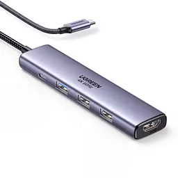 USB-C хаб UGREEN CM478 док-станція вихід HDMI до 4K 60 Гц 1 порт USB-A 3.0 та 2 порти USB-A 2.0 вхід живлення USB-C PD 3.0 до 100 Вт із наскрізним заряджанням для HDMI та заряджання потрібен порт комп’ютера USB-C з відеовиходом і прийманням живлення PD без встановлення драйверів для Windows/macOS/Linux для iPad з USB-C вбудований кабель в обплетенні довжина кабелю приблизно 20 см космічний сірий (35178)