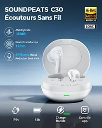 Бездротові навушники TWS SOUNDPEATS C30 з гібридним шумозаглушенням та Hi-Res Audio (Білий) - мініатюра 5
