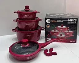 Набір каструль і сковорода Higher Kitchen HK-305, Набір посуду з антипригарним покриттям (Червоний, Чорний) - мініатюра 4