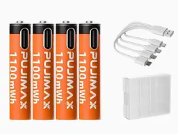 Акумуляторні батареї 1100mWh Li-Ion 1.5v AAА мізинчикові акумулятори із зарядкою від USB Type-C Pujimax 4шт