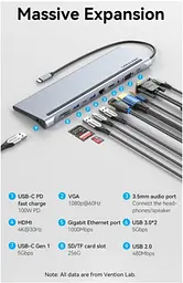 USB-хаб Vention Multi-function USB-C to HDMI/VGA/USB-C Gen 1/USB 3.0x2/USB 2.0/RJ45/SD/TF/TRRS 3.5mm/PD Docking Station 0.25m (THTHC) - мініатюра 2