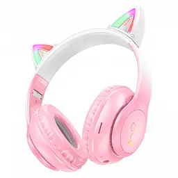 Навушники Hoco W42 Cat Ear Bluetooth з котячими вушками та LED-підсвіткою Рожеві з білим
