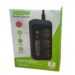 Мережевий фільтр подовжувач 2 метри на 3 розетки, 4 USB 3.4A, 2 Type-C з вимикачем та заземленням 3000Вт 16А Power Socket J07 білий - мініатюра 13