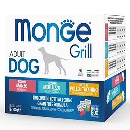 Набір консерв для собак Monge Dog GRILL MIX, мікс 3 смаки:треска urkey з куркою eef 12 шт по 100 гр