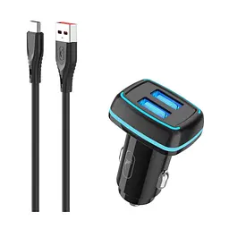Автомобільний зарядний пристрій SkyDolphin SZ18T (2USB, 3.4A) Black + кабель Type-C (AZP-000100) - мініатюра 2