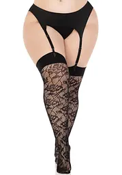 Панчохи Leg Avenue Wild rose net thigh highs, 1X/2X, чорні, широка резинка, малюнок-троянди - мініатюра 3