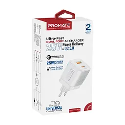 Зарядний пристрій Promate USBC PD25W + USBA QC3.0 18W White (powerport-25ac.white) - мініатюра 3
