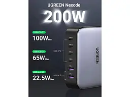 Мережевий зарядний пристрій UGREEN CD271 200 W Nexode 2 m GaN Desktop Charger Gray (40914) - мініатюра 3