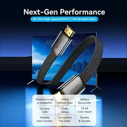 Кабель HDMI M-M, 2.0 м, V2.1, 8K 60Гц, плоский з обплетенням, Vention - мініатюра 6