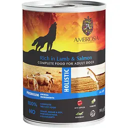 Вологий корм для дорослих собак Ambrosia Wet Food шматочки в паштеті ягня та лосось 395 г