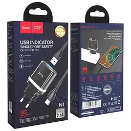 Зарядний пристрій Hoco 1USB N1 Ardent 2.4A Black + USB Cable Type-C - мініатюра 2