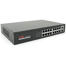 16ти портовий PoE комутатор ONV-H1016PLS 16 портів РоЕ 100 Мбіт + 2 Uplink 1000 Мбіт, до 250м, IEEE802.3af/at, загальна потужність 160Вт