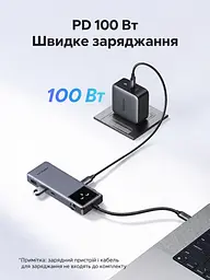 USB-C хаб UGREEN Uno CM889 концентратор 7 в 1 вихід HDMI до 4K 60 Гц 2 USB-A 3.0 та USB-C 3.0 для даних до 5 Гбіт/с кардридер SD/TF вхід живлення USB-C PD 3.0 до 100 Вт заряджання через порт USB-C для даних до 20 Вт для HDMI потрібен USB-C хоста з відеовиходом блокування екрана однією кнопкою LED-дисплей стану підключень для Windows/macOS/Linux темно-сірий із чорною передньою панеллю (75179) - мініатюра 4