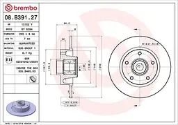 Диск гальмівний невентильований Renault Megane III, Scenic III 08-25р Brembo (08.B391.27)
