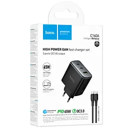 Мережевний зарядний пристрій Hoco C160A Upgrade PD65W+QC3.0 1USB-A/2C + кабель Type-C to Type-C Black - мініатюра 2