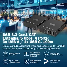 Подовжувач Digitus USB 3.2 Gen1, для використання з кабелем Cat6A, до 100 м, 3 х USB-A, 1 x USB-C, чорний - мініатюра 2
