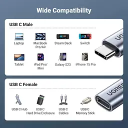 Кабель Ugreen USB 3.1 Type-C M-F,1 м,5A （10Gbps）Чорний,US372 (30205) - мініатюра 3