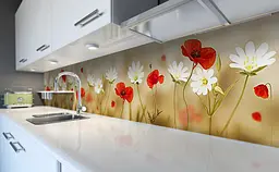 Вініловий кухонний фартух Маки і Ромашки наклейка для кухні ПВХ польові Квіти Бежевий Happy Pocket Z181420