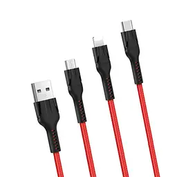 Кабель Hoco U31 Benay one pull three charging cable, Lightning + Micro + Type-c Red