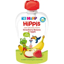 Набір органічних фруктових пюре HiPP HiPPiS Pouch Яблуко-полуниця-банан, 600 г (6 упаковок по 100 г) - мініатюра 3