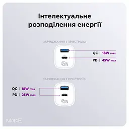 Зарядний пристрій мережевий MAKE 45W GaN3 Mini Type-C PD + USB QC4.0 White - мініатюра 4