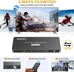 HDMI-перемикач 5 In 1 Out, HDMI Splitter 4K підтримує 4K 3D UHD - мініатюра 6