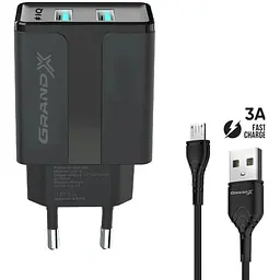 Зарядний пристрій Grand-X CH-15UMB (5V/2,1A + DC cable 2,4А USB -> Micro USB 1m) Black (CH-15UMB)