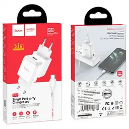 Мережевий зарядний пристрій Hoco N2 Vigour з 1 USB/2.1 A з гнучким кабелем Type-C Білий