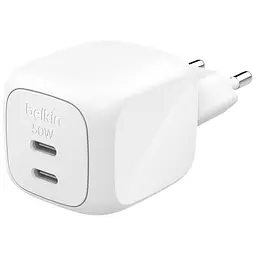 Зарядний пристрій Belkin 2xUSB-C PD50W GaN PPS white (WCH019KQWH)