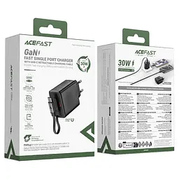 МЗП Acefast A110 GaN With Retractable Cable Type-C PD30W (1USB-C) Black - мініатюра 6