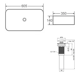 Комплект Qtap Tern: Раковина накладна прямокутна 610x350x135 мм WHITE + Донний клапан PU02 (QT17112270WN47304) - мініатюра 5