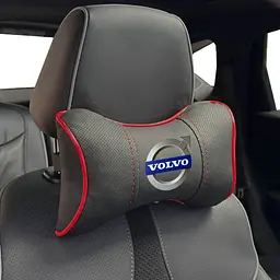 Подушка на підголівник з логотипом Volvo Екошкіра 3D Кольоровий лого Чорна-Червоний кант 1 шт