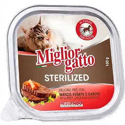 Вологий корм для стерилізованих котів Migliorgatto Sterilized з яловичиною, печінкою та морквою 100 г