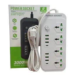 Мережевий фільтр подовжувач 2 метри на 4 розетки, 6 USB 3.4A, 2 Type-C з вимикачем та заземленням 3000Вт 16А Power Socket J08 білий - мініатюра 3