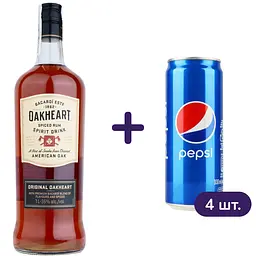 Ромовий напій Bacardi Oakheart Original 35% 1 л + Напій Pepsi сильногазований 0.33 л 4 шт.