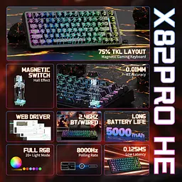 Ігрова магнітна клавіатура Attack Shark X82 Pro / Три режими підключення / Magnetic Switch / Black - мініатюра 2