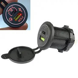 Гніздо під штекер прикурювача врізне з кришкою 1 USB 1 Type-C QC 3.0 PD DC 12-24V 5V Підсвічування Червона (A93B)