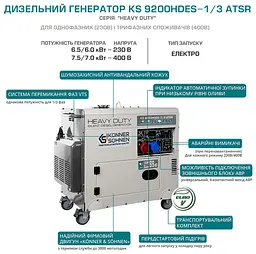 Генератор Синхронний KonnerSohnen KS 9200HDES-1/3 ATSR (EURO V),230/400В,6.5/6.0кВт,7.5/7.0кВт,1/3Фази, АВР(ATS), електростартер, 168кг / 7000 Вт / Д - мініатюра 6